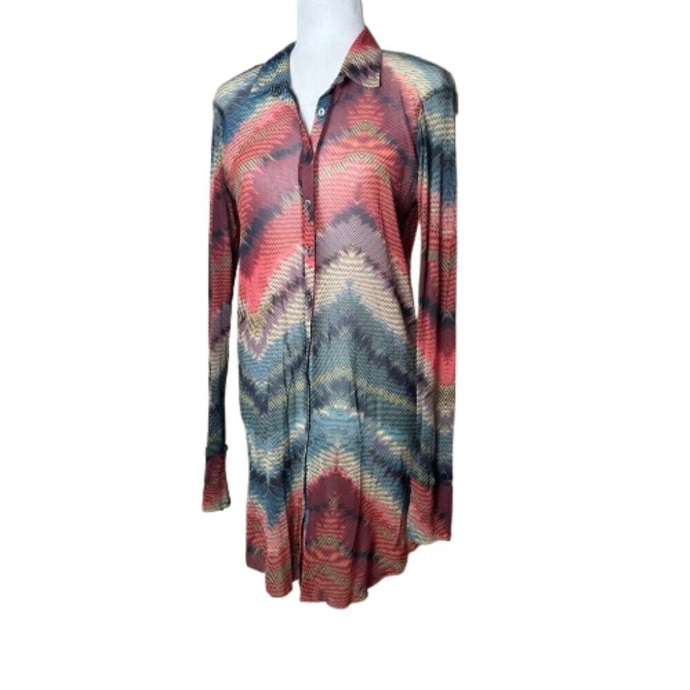 WESTON WEAR Sheer Patterned Button Up Shirt Dress Tunic Size Large